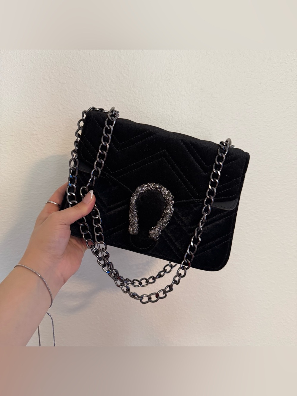 textured velvet designer inspired antique silver mermaid clasp chain strap bag